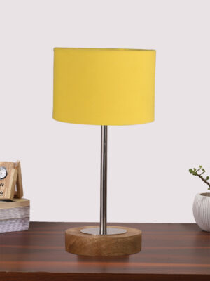 Ambika Home Luxury Premium Devansh Yellow cotton table lamp with  Natural  Wood Base  & Steel Pipe (7X17 inches)-6 Lamp with Yellow Shade for Living Room, Bedroom & Hallway