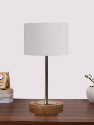 Ambika Home Luxury Premium Devansh Grey cotton table lamp with  Natural  Wood Base  & Steel Pipe (7X17 inches)-7 Lamp with Grey Shade for Living Room, Bedroom & Hallway