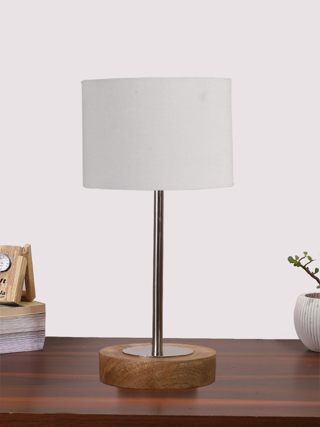 Ambika Home Luxury Premium Devansh Grey cotton table lamp with Natural Wood Base & Steel Pipe (7X17 inches)-7 Lamp with Grey Shade for Living Room, Bedroom & Hallway