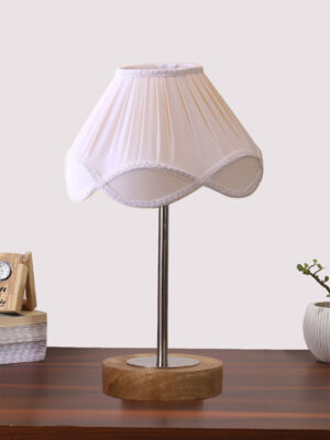 Ambika Home Luxury Premium Devansh Off-white cotton Vintage  lamp with Natural  Wood Base  & Steel Pipe  (12x19.25) Lamp with off-white Shade for Living Room, Bedroom & Hallway