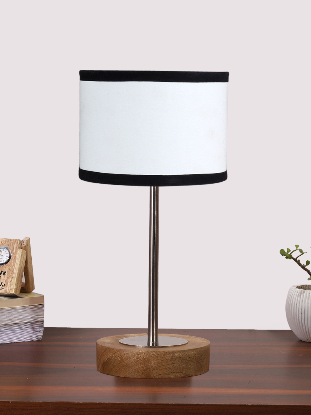 Ambika Home Luxury Premium Devansh Multicolor cotton table lamp with Natural Wood Base & Steel Pipe (7X17 inches)-8 Lamp with Multicolor Shade for Living Room, Bedroom & Hallway