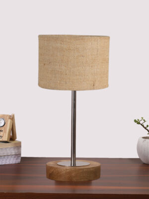 Ambika Home Luxury Premium Devansh Beige Jute table lamp with  Natural  Wood Base  & Steel Pipe (7X17 inches)-9 Lamp with Beige Shade for Living Room, Bedroom & Hallway