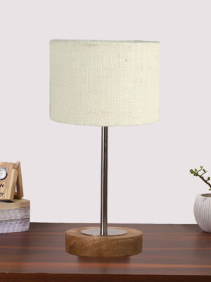 Ambika Home Luxury Premium Devansh White Jute table lamp with  Natural  Wood Base  & Steel Pipe (7X17 inches)-10 Lamp with White Shade for Living Room, Bedroom & Hallway