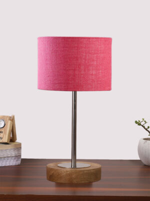 Ambika Home Luxury Premium Devansh Pink Jute table lamp with  Natural  Wood Base  & Steel Pipe (7X17 inches)-11 Lamp with Pink Shade for Living Room, Bedroom & Hallway