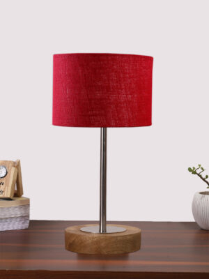 Ambika Home Luxury Premium Devansh Maroon Jute table lamp with g Natural  Wood Base  & Steel Pipe -(7X17 inches)-12 Lamp with Maroon Shade for Living Room, Bedroom & Hallway