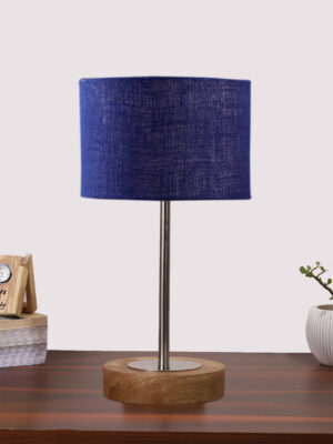 Ambika Home Luxury Premium Devansh Blue Jute table lamp with Natural  Wood Base  & Steel Pipe (7X17 inches)-13 Lamp with Blue Shade for Living Room, Bedroom & Hallway