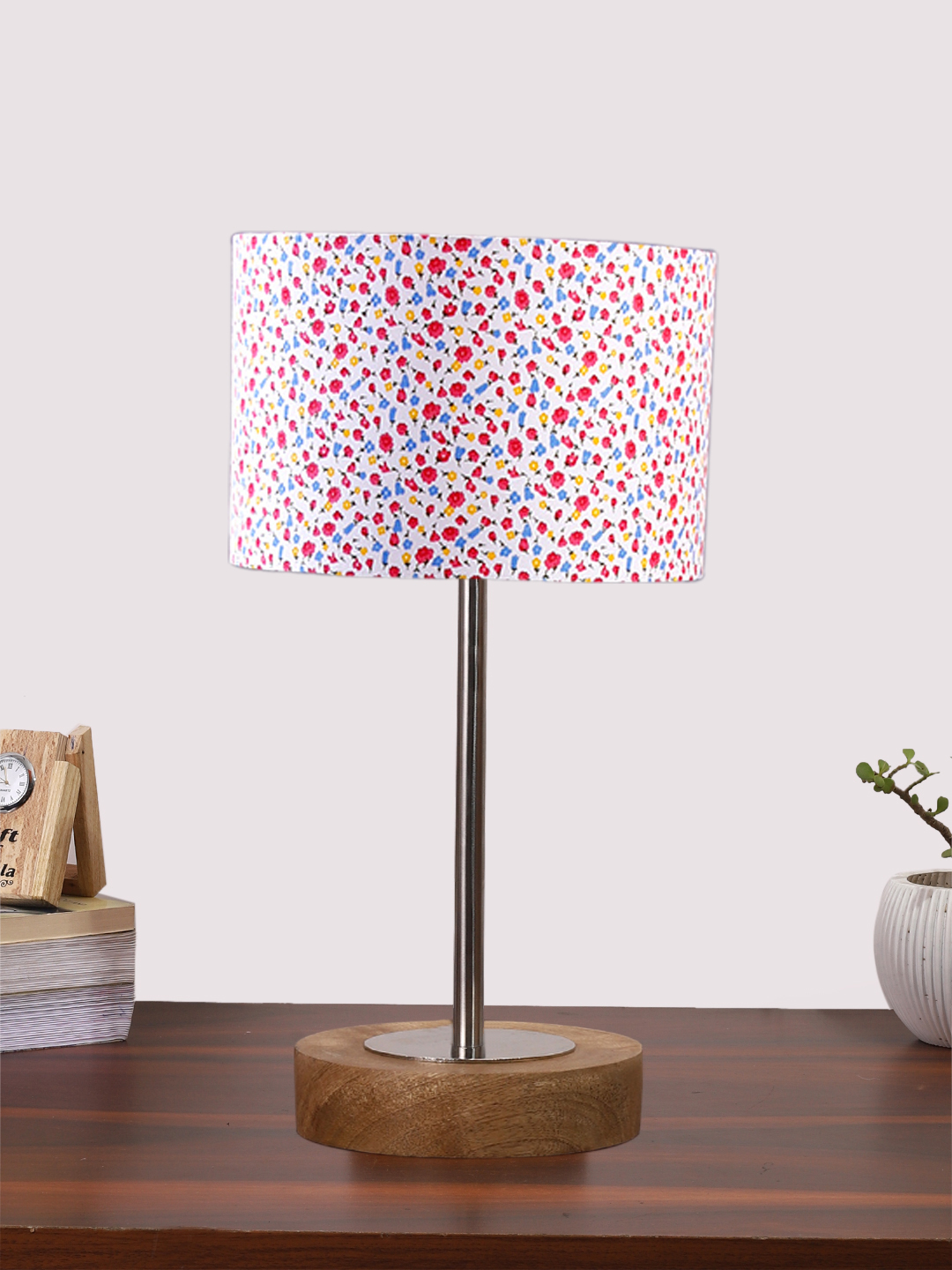 Ambika Home Luxury Premium Devansh Multicolor cotton table lamp with Natural Wood Base & Steel Pipe (7X17 inches)-16 Lamp with Multicolor Shade for Living Room, Bedroom & Hallway