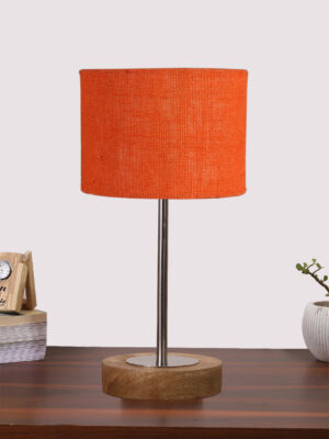 Ambika Home Luxury Premium Devansh Orange  Jute   table lamp with  Natural  Wood Base  & Steel Pipe (7X17 inches)-17 Lamp with Orange Shade for Living Room, Bedroom & Hallway