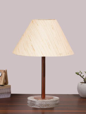Ambika Home Luxury Premium Devansh Off-white cotton Vintage  lamp with Natural  Wood Base  & Steel Pipe  (12x17.75) Lamp with off-white Shade for Living Room, Bedroom & Hallway