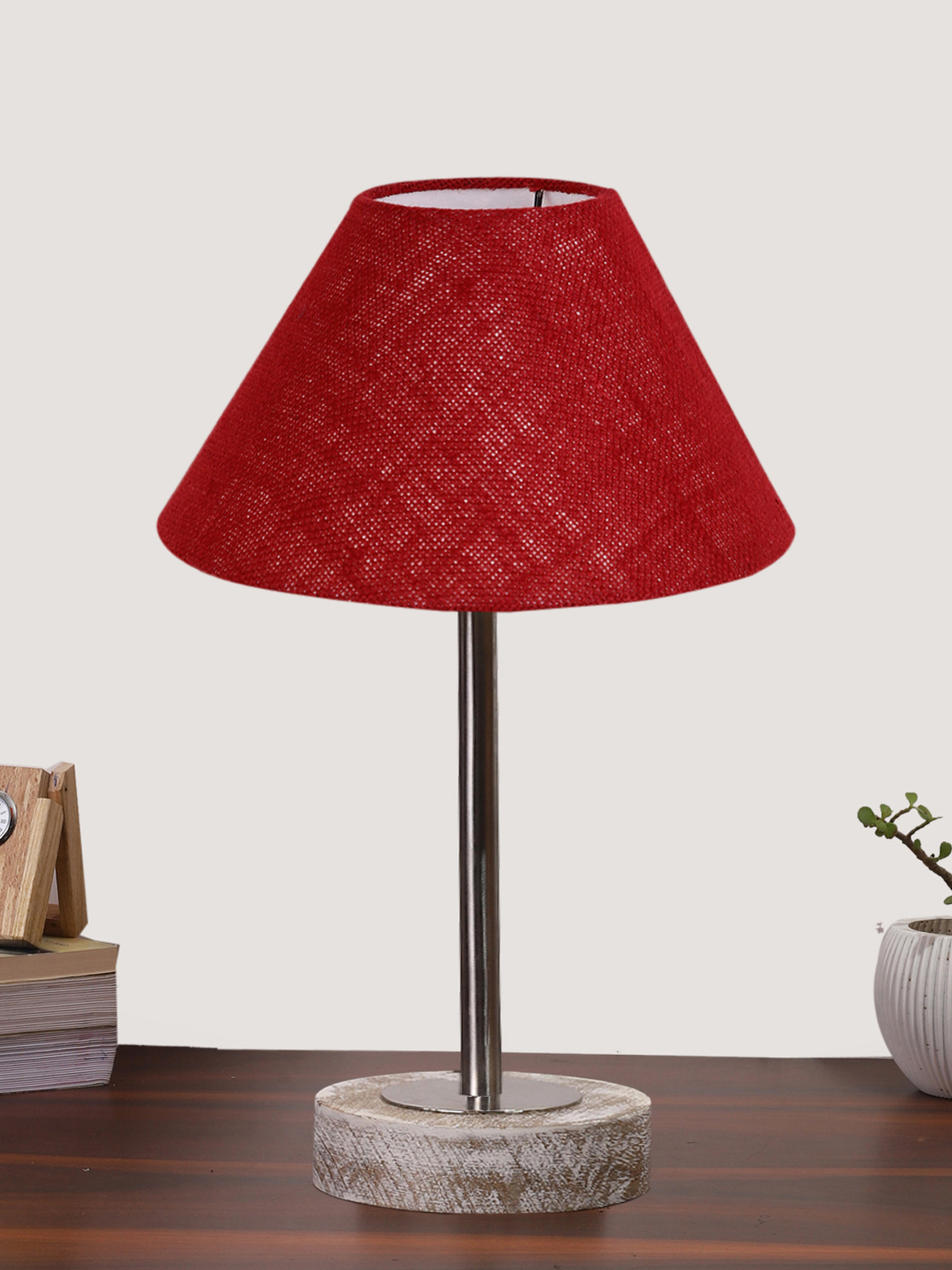 Ambika Home Luxury Premium Devansh Maroon Jute table lamp with g White Brushed Wood Base & Golden finish Metal (10X16.25 inches)-36 Lamp with Maroon Shade for Living Room, Bedroom & Hallway