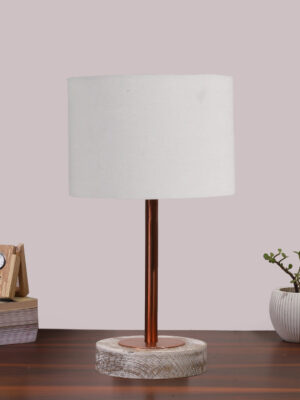 Ambika Home Luxury Premium Devansh off white cotton table lamp with  Natural  Wood Base  & Steel Pipe (10X16.25 inches)-27 Lamp with off-white Shade for Living Room, Bedroom & Hallway