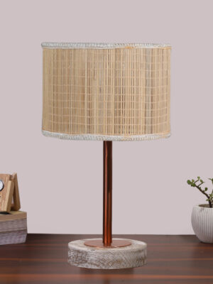 Ambika Home Luxury Premium Devansh Green Jute  table lamp with  Natural  Wood Base  & Steel Pipe (7X17 inches)-17 Lamp with Green Shade for Living Room, Bedroom & Hallway