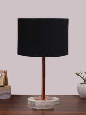 Ambika Home Luxury Premium Devansh Black  Jute   table lamp with  Natural  Wood Base  & Steel Pipe (7X17 inches)-17 Lamp with Black Shade for Living Room, Bedroom & Hallway
