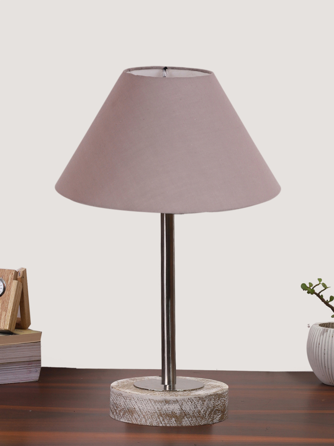 Ambika Home Luxury Premium Devansh Grey cotton table lamp with White Brushed Wood Base & Golden finish Metal (10X16.25 inches)-32 Lamp with Grey Shade for Living Room, Bedroom & Hallway