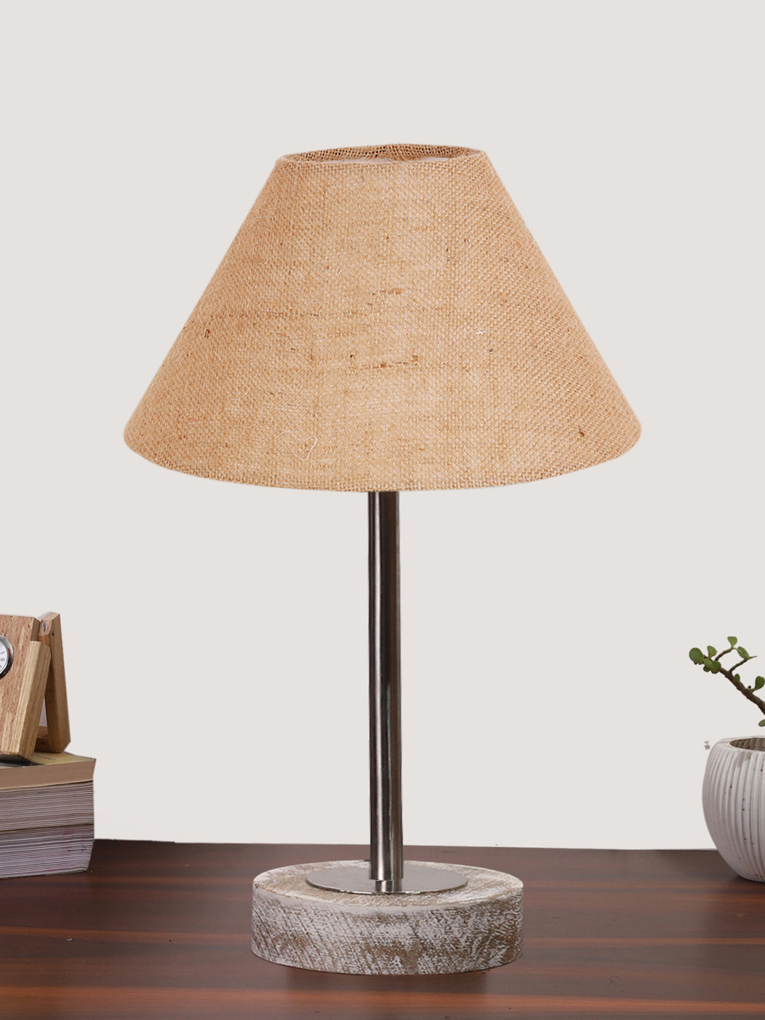 Ambika Home Luxury Premium Devansh Beige Jute table lamp with Black White Brushed Wood Base & Golden finish Metal & Golden finish Metal (10X16.25 inches)-34 Lamp with Beige Shade for Living Room, Bedroom & Hallway