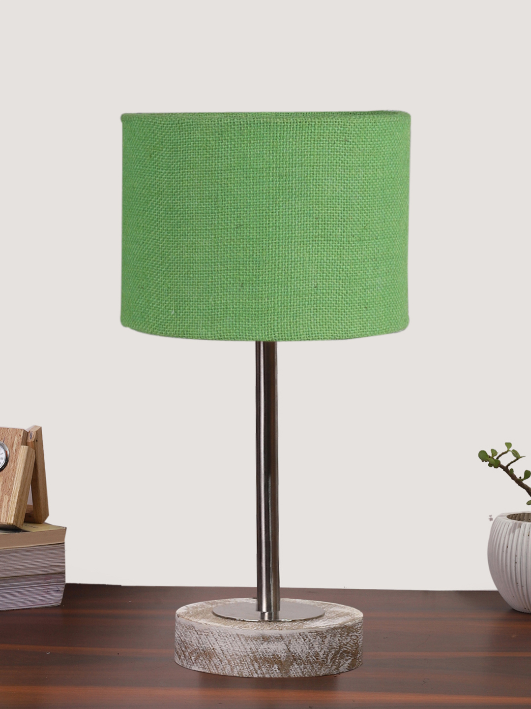 Ambika Home Luxury Premium Devansh Green Jute table lamp with White Brushed Wood Base & Golden finish Metal (7X17 inches)-17 Lamp with Green Shade for Living Room, Bedroom & Hallway