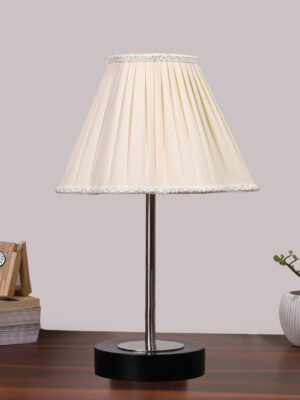 Ambika Home Luxury Premium Devansh Off-white cotton Vintage  lamp with Black wood base & Steel Pipe  (12x17.75) Lamp with off-white Shade for Living Room, Bedroom & Hallway