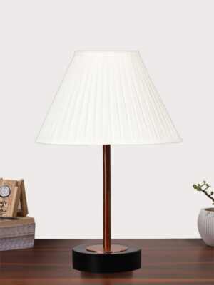 Ambika Home Luxury Premium Devansh Off-white cotton Vintage Straight Pleated   lamp with Black wood base & Copper finish Metal  (12x19) Lamp with off-white Shade for Living Room, Bedroom & Hallway