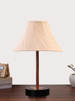 Ambika Home Luxury Premium Devansh Off-white cotton Vintage Cross Pleated   lamp with Black wood base & Copper finish Metal  (12x17.75) Lamp with off-white Shade for Living Room, Bedroom & Hallway
