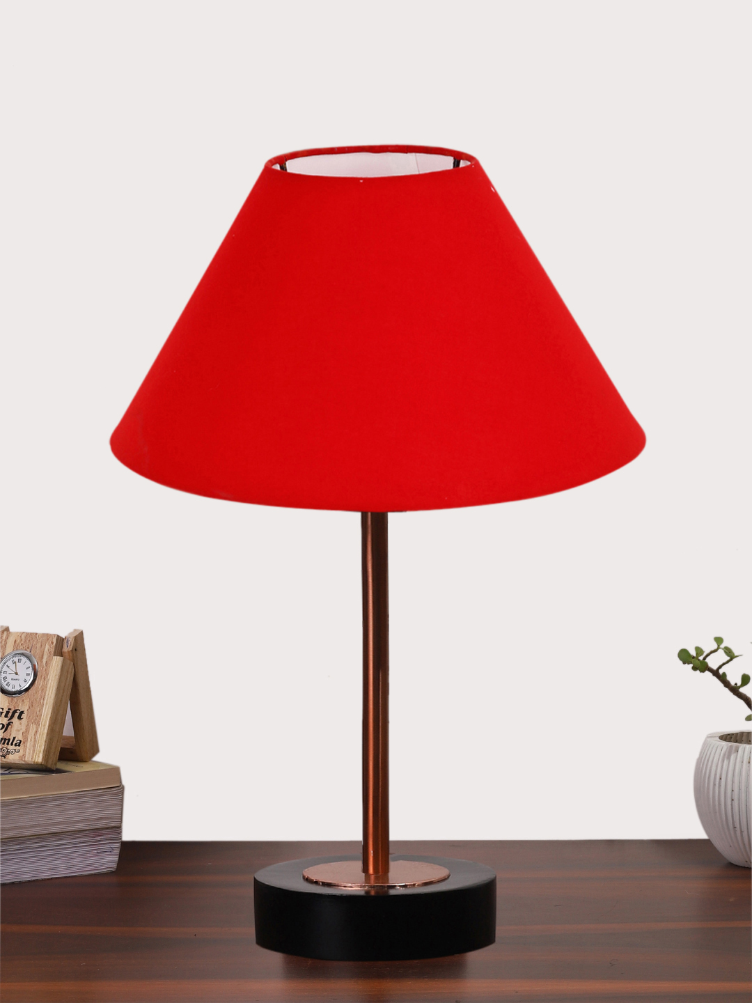 Ambika Home Luxury Premium Devansh Red cotton table lamp with Black wood base & Copper finish Metal (10X16.25 inches)-29 Lamp with Red Shade for Living Room, Bedroom & Hallway