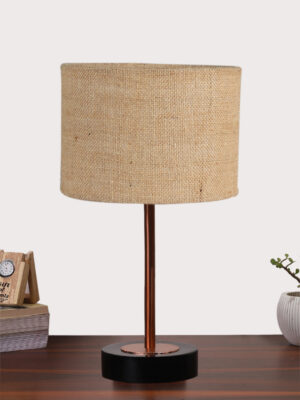 Ambika Home Luxury Premium Devansh Beige Jute table lamp with  Black wood base & Copper finish Metal (7X17 inches)-9 Lamp with Beige Shade for Living Room, Bedroom & Hallway