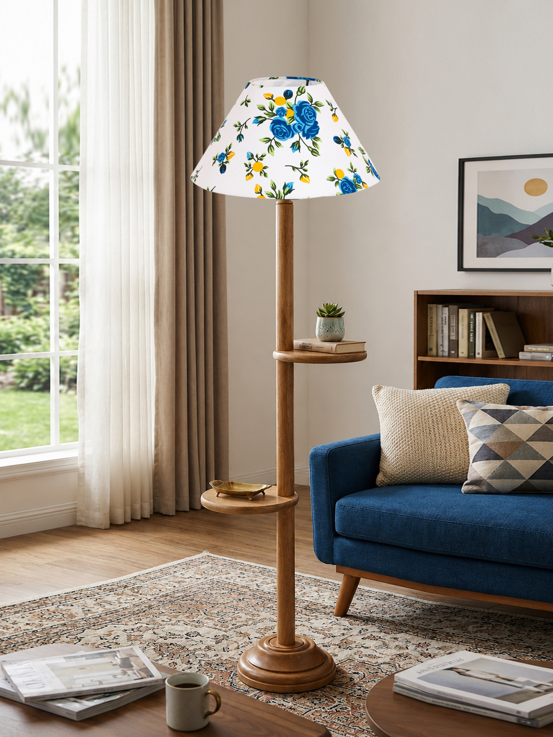 Ambika Home Multi cotton Conical shade with Double Shelf floor Lamp Modern Floor Lamp | Multi Cotton Shade, Wood Base | Luxury Living Room, Bedroom & Home Decor Lighting