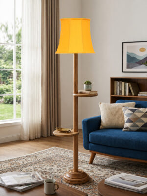 Ambika Home Vintage Pleated off-white Soft Back with Double Shelf floor Lamp Modern Floor Lamp | Off-white Cotton Shade, Wood Base | Luxury Living Room, Bedroom & Home Decor Lighting