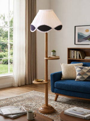 Ambika Home Vintage Pleated Multi-colored Soft Back with Double Shelf floor Lamp Modern Floor Lamp | Multi Cotton Shade, Wood Base | Luxury Living Room, Bedroom & Home Decor Lighting