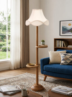 Ambika Home Vintage off-white Cotton Shade with Double Shelf floor Lamp Modern Floor Lamp | Off-white Cotton Shade, Wood Base | Luxury Living Room, Bedroom & Home Decor Lighting