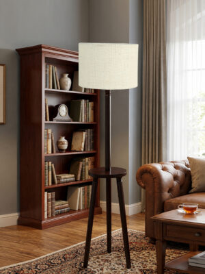 Premium White Jute Shade Floor Lamp with Wooden Shelf Stand for Living Room, Bedroom & Reading Corner | Modern Decorative Standing Lamp | Solid Wood Base | Elegant Home Lighting