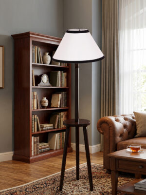 Premium White Cotton Shade Floor Lamp with Wooden Shelf Stand for Living Room, Bedroom & Reading Corner | Modern Decorative Standing Lamp | Solid Wood Base | Elegant Home Lighting