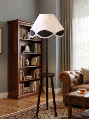Premium Multi Cotton Shade Floor Lamp with Wooden Shelf Stand for Living Room, Bedroom & Reading Corner | Modern Decorative Standing Lamp | Solid Wood Base | Elegant Home Lighting