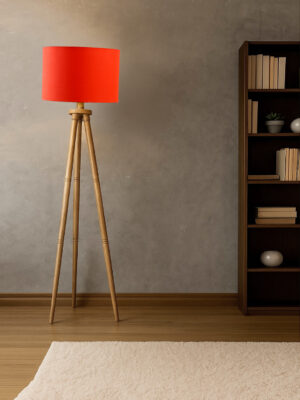 Orange Cotton Drum Shade Wooden Tripod Floor Lamp for Living Room, Bedroom & Hotel Decor | Modern Standing Lamp with Natural Wood Base, E27 Holder, Ambient Lighting & Premium Home Decor