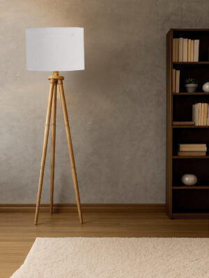Grey Cotton Drum Shade Wooden Tripod Floor Lamp for Living Room, Bedroom & Hotel Decor | Modern Standing Lamp with Natural Wood Base, E27 Holder, Ambient Lighting & Premium Home Decor