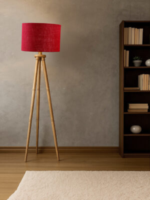 Blue Jute Drum Shade Wooden Tripod Floor Lamp for Living Room, Bedroom & Hotel Decor | Modern Standing Lamp with Natural Wood Base, E27 Holder, Ambient Lighting & Premium Home Decor