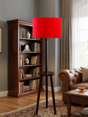 Premium Red Cotton Shade Floor Lamp with Wooden Shelf Stand for Living Room, Bedroom & Reading Corner | Modern Decorative Standing Lamp | Solid Wood Base | Elegant Home Lighting