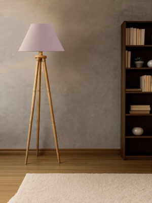 Grey Cotton Conical Shade Wooden Tripod Floor Lamp for Living Room, Bedroom & Hotel Decor | Modern Standing Lamp with Natural Wood Base, E27 Holder, Ambient Lighting & Premium Home Decor