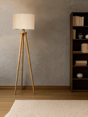 Ambika Home Off-white Shade Wooden Natural Tripod Floor Lamp for Living Room, Bedroom & Hotel Decor | E27 Holder Included Bulb