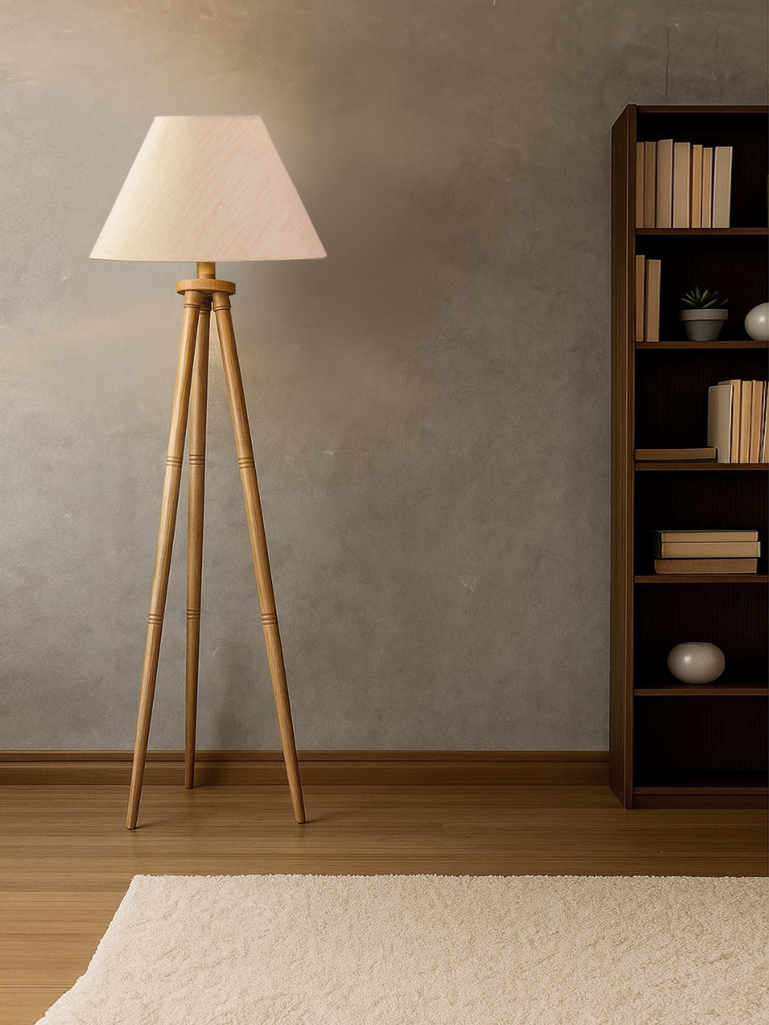 Ambika Home Off-white Shade Wooden Natural Tripod Floor Lamp for Living Room, Bedroom & Hotel Decor | E27 Holder Included Bulb