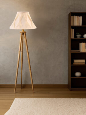 Ambika Home Premium Off-white  Fabric Shade Floor Lamp for Hallway & Guest Room | Wooden Natural Tripod Stand | E27 Holder Included Bulb