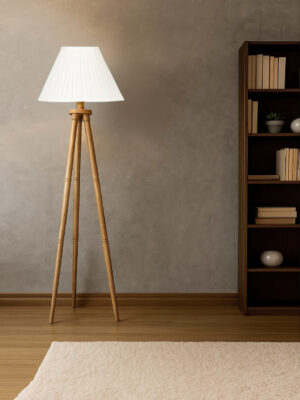 Ambika Home Off-white  Shade Wooden Natural Tripod Floor Lamp for Living Room, Bedroom & Hotel Decor | E27 Holder Included Bulb