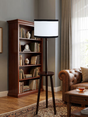 Premium White Cotton Shade Floor Lamp with Wooden Shelf Stand for Living Room, Bedroom & Reading Corner | Modern Decorative Standing Lamp | Solid Wood Base | Elegant Home Lighting