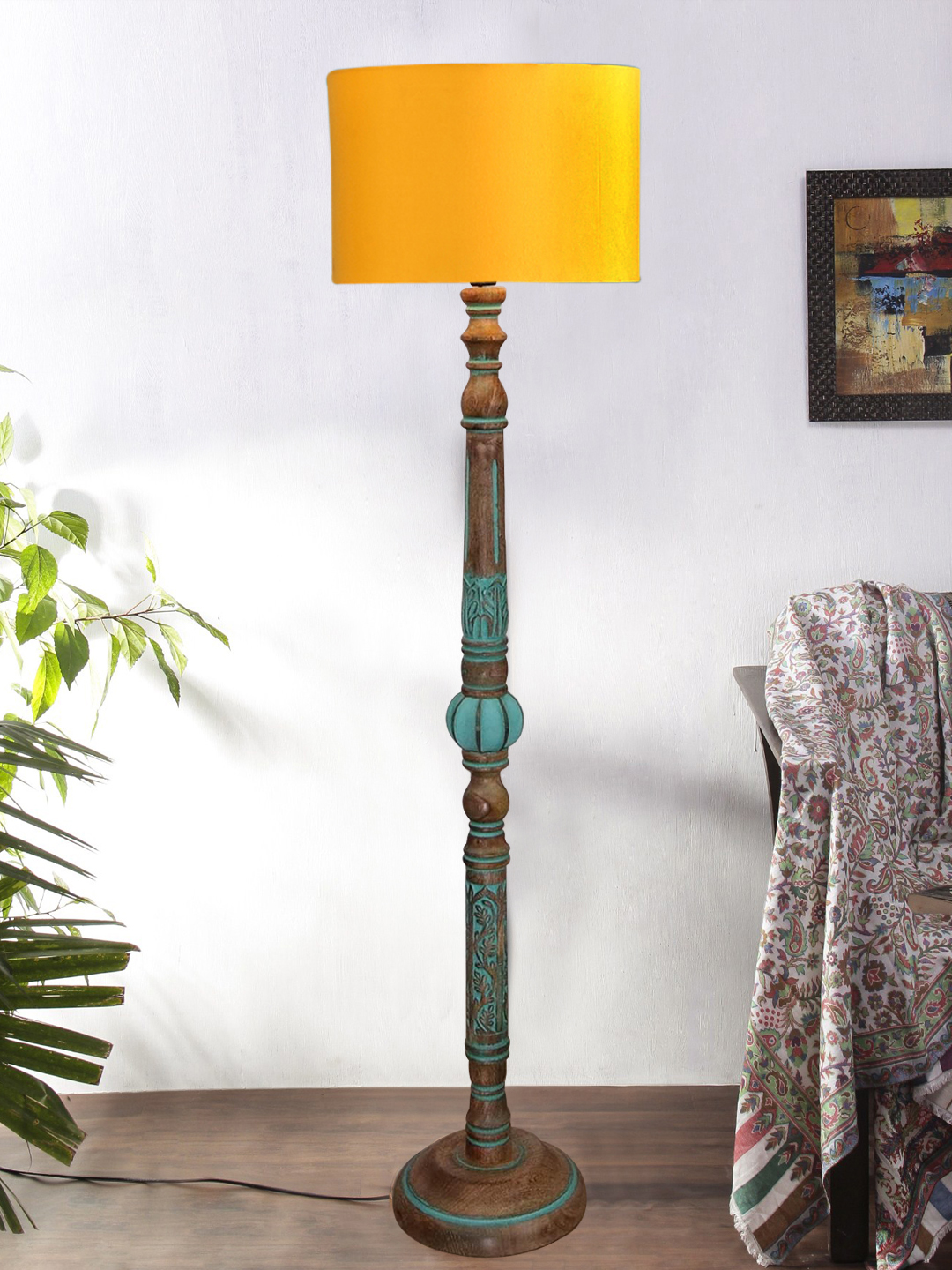 Ambika Home YELLOW Shade Wooden Floor Lamp for Living Room, Bedroom & Hallway | Modern Wood Standing Lamp | B22 Holder | Hotel & Guest Room Decor