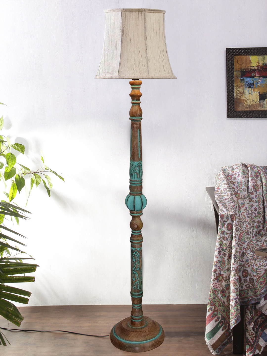 Ambika Home Off-white Shade Wooden Floor Lamp for Living Room, Bedroom & Hallway | Modern Wood Standing Lamp | B22 Holder | Hotel & Guest Room Decor