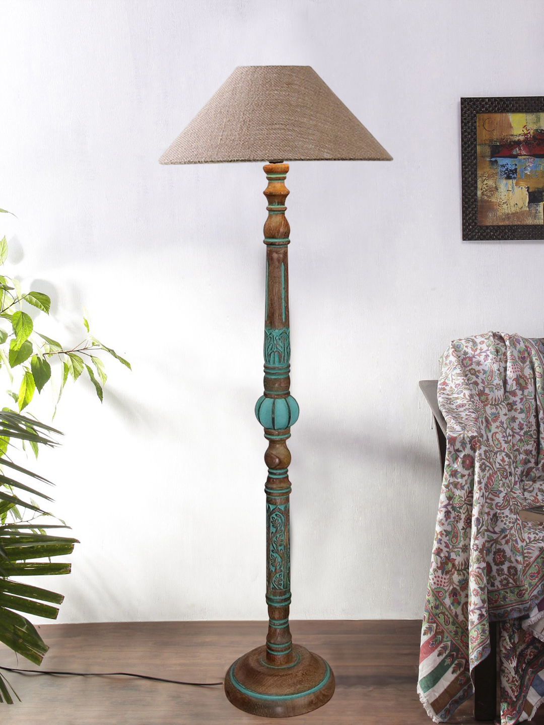 Ambika Home BEIGE Shade Wooden Floor Lamp for Living Room, Bedroom & Hallway | Modern Wood Standing Lamp | B22 Holder | Hotel & Guest Room Decor
