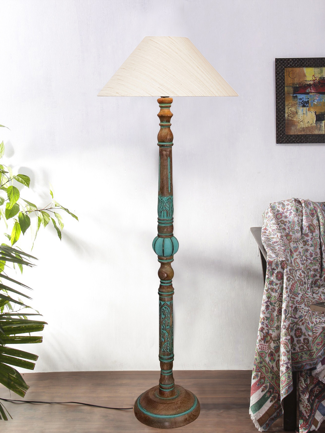 Ambika Home OFF-WHITE Shade Wooden Floor Lamp for Living Room, Bedroom & Hallway | Modern Wood Standing Lamp | B22 Holder | Hotel & Guest Room Decor