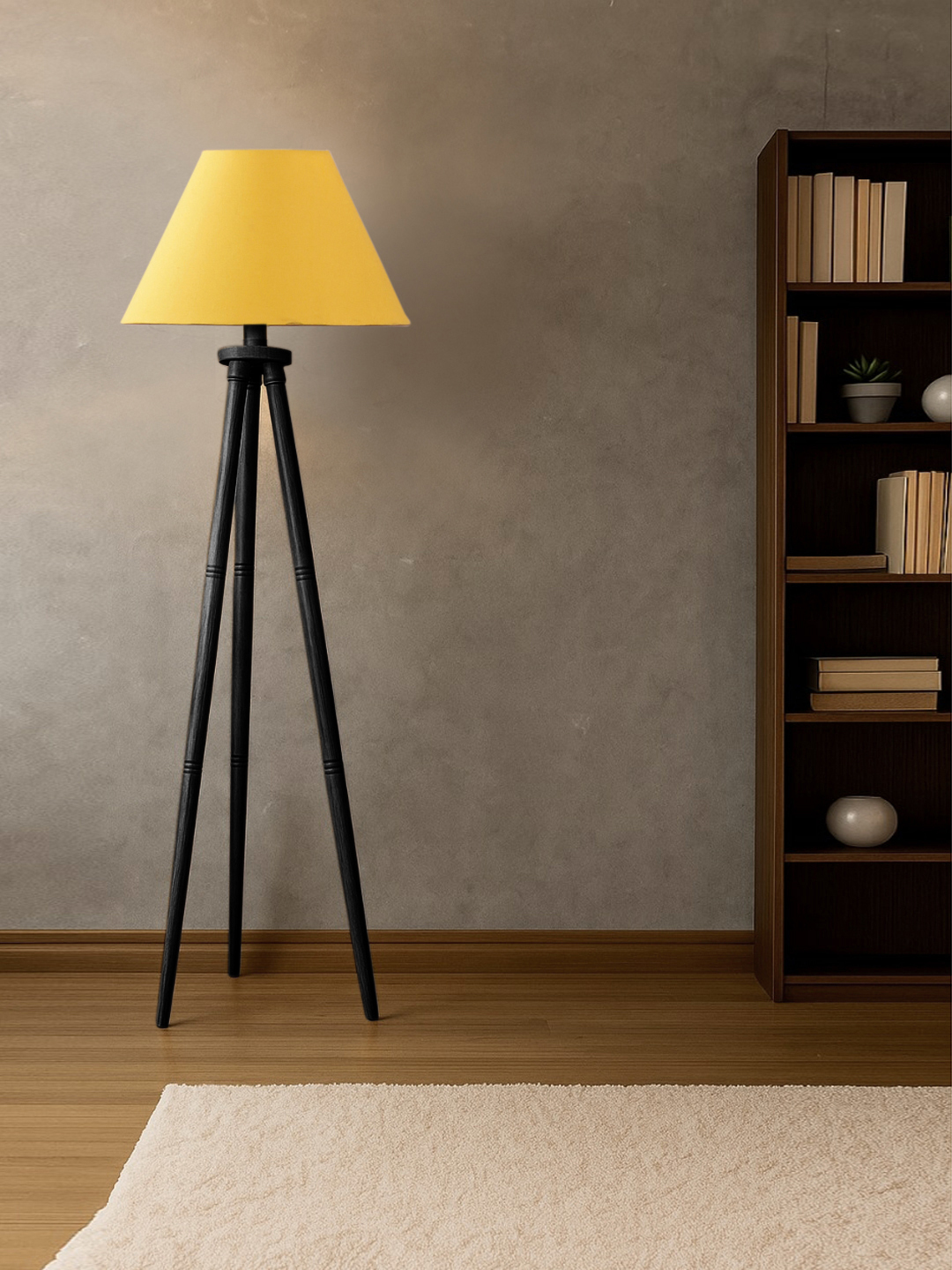 Ambika Home Designer Yellow Wooden Tripod Floor Light for Living Space & Hotels | E27 Holder Included Bulb