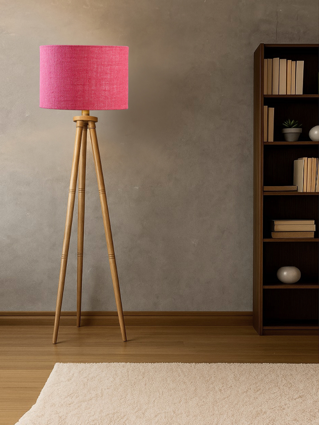 Pink Jute Drum Shade Wooden Tripod Floor Lamp for Living Room, Bedroom & Hotel Decor | Modern Standing Lamp with Natural Wood Base, E27 Holder, Ambient Lighting & Premium Home Decor - Image 2