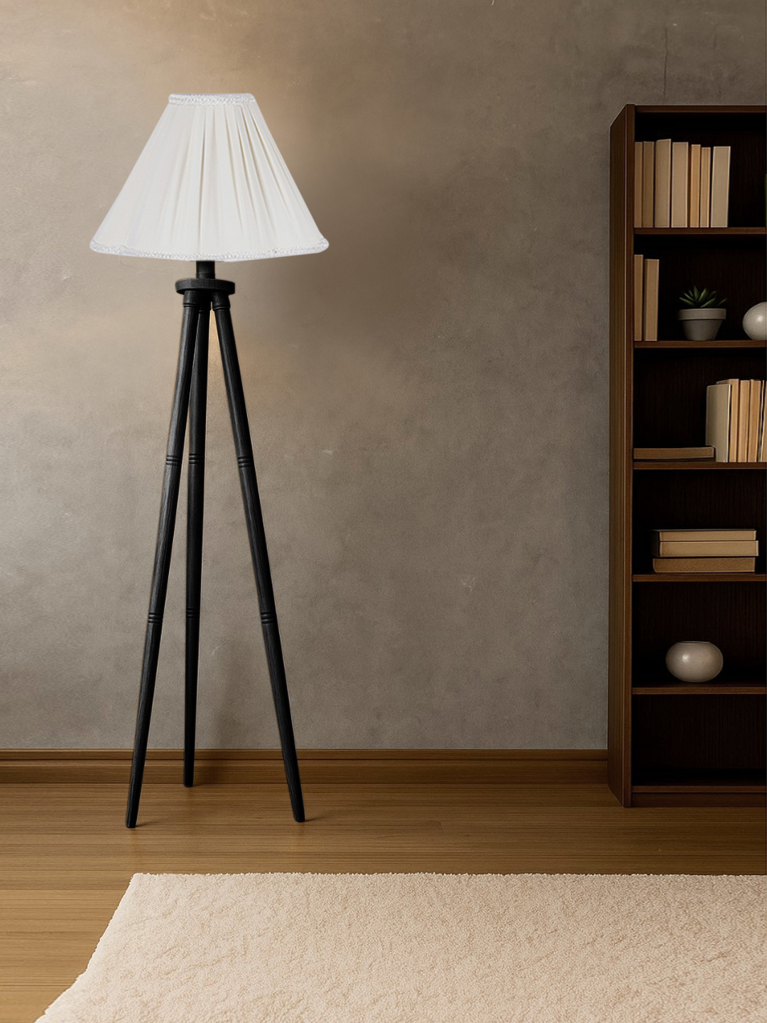 Ambika Home Designer Off-white Wooden Tripod Floor Light for Living Space & Hotels | E27 Holder Included Bulb