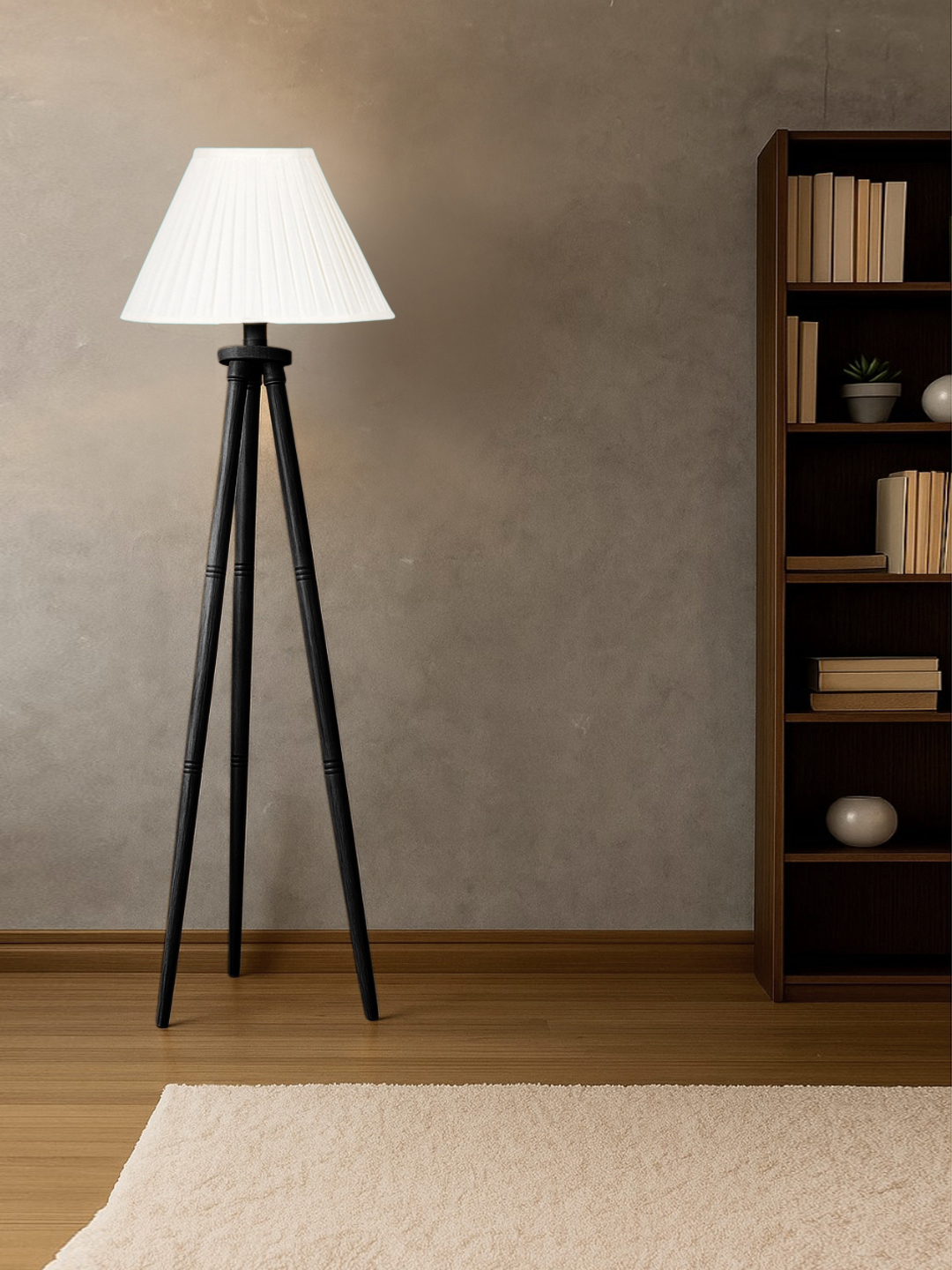 Ambika Home Off-white Shade Wooden Tripod Floor Lamp for Living Room, Bedroom & Hotel Decor | E27 Holder Included Bulb